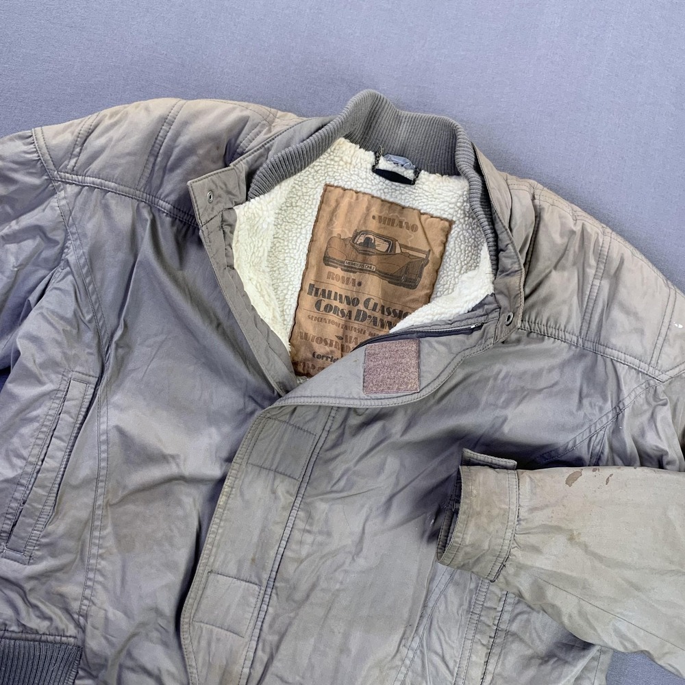 Vintage Members Only Jacket Mens 46 Gray Sherpa Lined Bomber Car Graphic 80s
